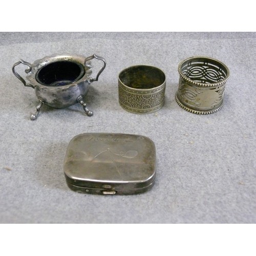 50 - SILVERPLATE - 2 NAPKIN RINGS, MUSTARD POT WITH BRISTOL BLUE LINER AND A SEWING TIN