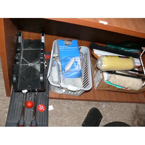 154 - DECORATING ITEMS. TILE CUTTER AND SOME SILICONE, ELECTRICAL ITEMS ETC