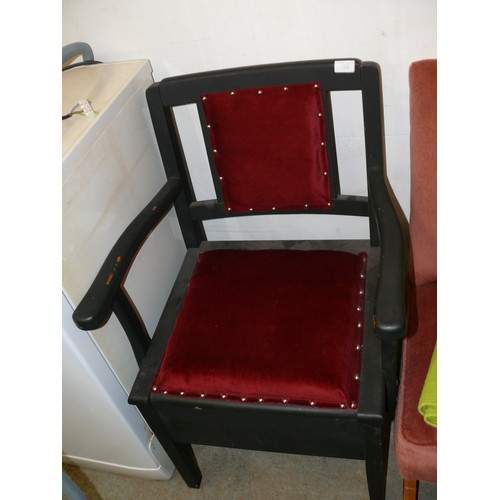 273 - VINTAGE BEDROOM CHAIR WITH RED UPHOLSTERY SEAT AND BACK AND COMMODE IN BASE