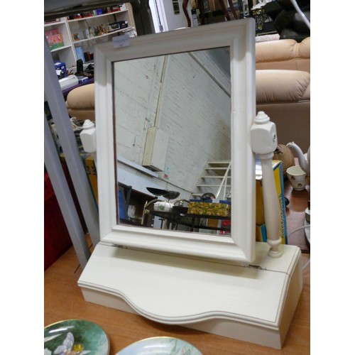 367 - A LARGE PINE DRESSING TABLE MIRROR PAINTED WHITE WITH STORAGE TO BASE