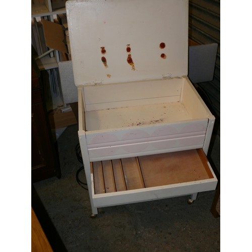 415 - CRAFTING/ SEWING BOX ON WHEELS, PAINTED WHITE