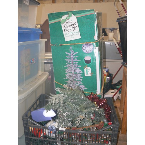 439 - 6 FOOT CHRISTMAS TREE ALASKAN FLOCKED AND A TRAY OF 2 SETS OF CHRISTMAS LIGHTS AND OTHER DECORATIONS