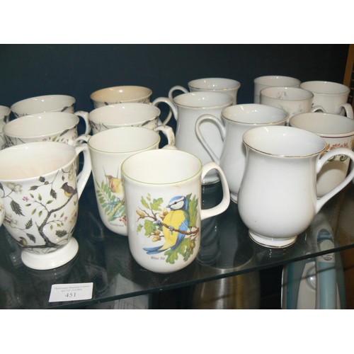 451 - A NICE SELECTION OF MOSTLY FINE CHINA MUGS,  SOME FEATURING FLOWERS AND BIRDS