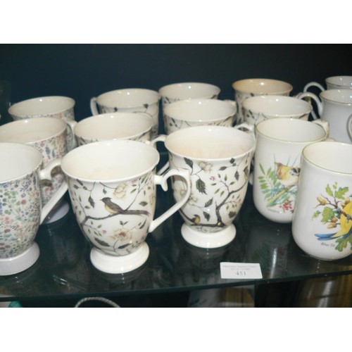 451 - A NICE SELECTION OF MOSTLY FINE CHINA MUGS,  SOME FEATURING FLOWERS AND BIRDS