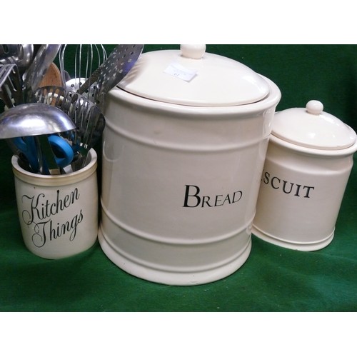 61 - A LARGE CERAMIC BREAD CROCK, BISCUIT BARREL AND KITCHEN THINGS POT WITH CONTENTS OF UTENSILS  (BREAD... 