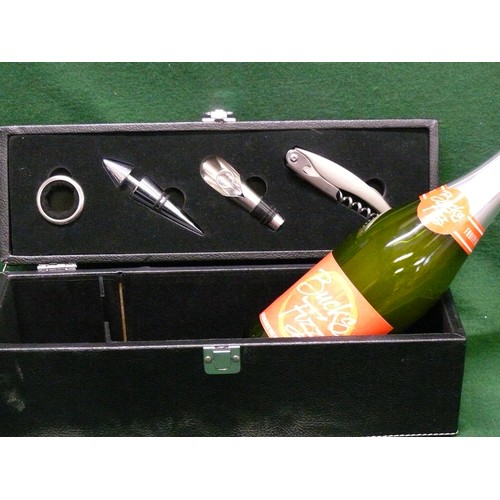 64 - A BLACK LEATHER EFFECT WINE BOX WITH TOOLS IN FITTED INTERIOR