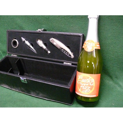 64 - A BLACK LEATHER EFFECT WINE BOX WITH TOOLS IN FITTED INTERIOR