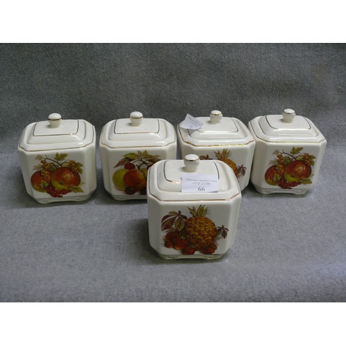 66 - A SET OF 5 CERAMIC FRUIT KITCHEN STORAGE JARS BY SADLER