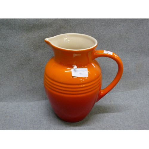 70 - A LARGE CERAMIC LE CREUSET VOLCANIC ORANGE JUG IN PERFECT UNUSED CONDITION