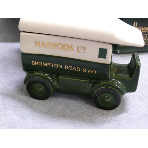 95 - 4 LARGE CERAMIC HARRODS FOOD HALLS CANNISTERS AND A HARRODS CERAMIC VINTAGE TRUCK MODEL