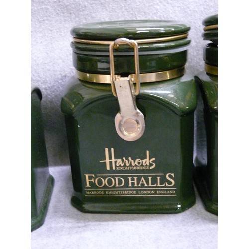 95 - 4 LARGE CERAMIC HARRODS FOOD HALLS CANNISTERS AND A HARRODS CERAMIC VINTAGE TRUCK MODEL