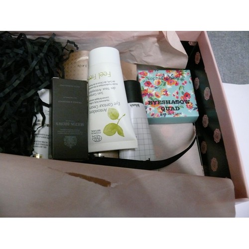 68 - A VERY NICE SOAP & GLORY GIFT SET IN A LARGE TIN PLUS 3 BOXES OF VARIOUS TOILETRIES AND COSMETICS