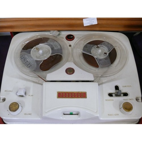 105 - A VINTAGE FERGUSON REEL TO REEL TAPE PLAYER PLUS LP & 78 RECORDS AND A BOXED SET OF DOMINOES