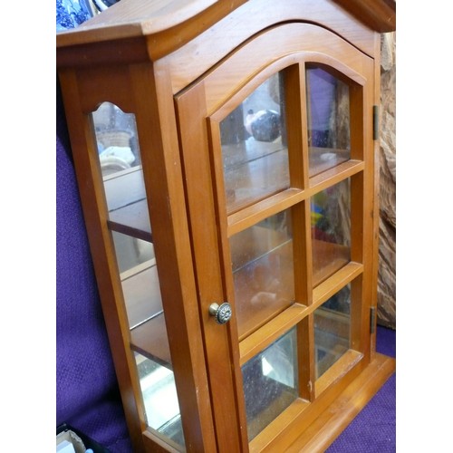 115 - A LOVELY SOLID WOOD ARCHED TOP 3 SHELF GLASS WINDOW COLLECTORS DISPLAY CABINET