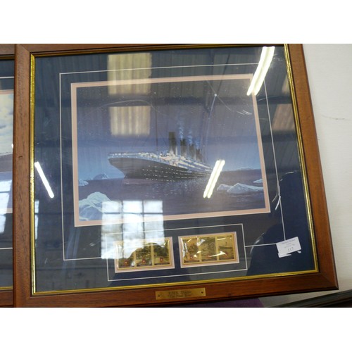 117 - A PAIR OF FRAMED AND GLAZED PRINTS FEATURING THE TITANIC WITH COMMEMORATIVE STAMPS 'THE FINAL HOUR '... 