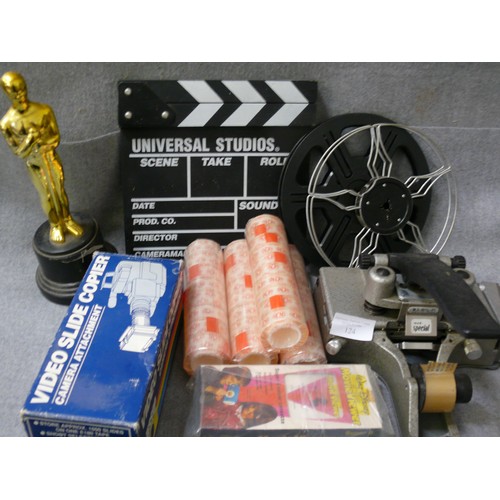 124 - A SELECTION OF FILM EQUIPMENT AND MEMORABILIA TO INCLUDE A VINTAGE FILM SPLICER, DISNEY MOVIE VIEWER... 