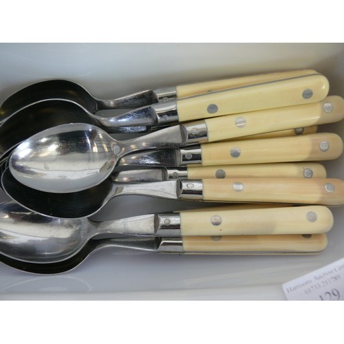 129 - 3 TRAYS OF NICE MATCHING CUTLERY PLUS A LARGE STORAGE TIN