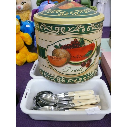 129 - 3 TRAYS OF NICE MATCHING CUTLERY PLUS A LARGE STORAGE TIN