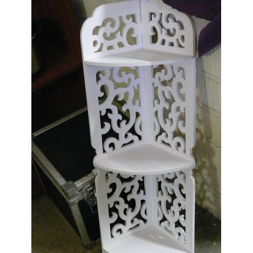 157 - A WHITE FRETWORK CORNER SHELVING UNIT