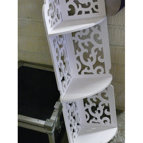 157 - A WHITE FRETWORK CORNER SHELVING UNIT