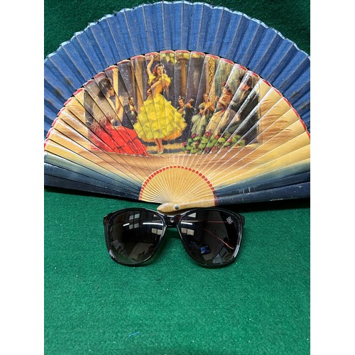 15 - A VINTAGE HAND PAINTED FAN (NO BATTERIES NEEDED) A PAIR OF BULAGGI SUNGLASSES