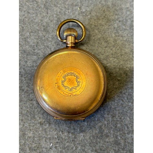 13 - AN ANTIQUE FULL HUNTER  POCKET WATCH WITH ROSE GOLD PLATED DENNISON CASE, WORKING WHEN LOTTED, NEEDS... 