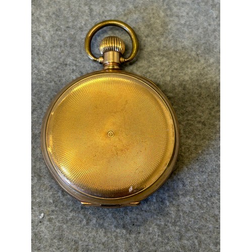 13 - AN ANTIQUE FULL HUNTER  POCKET WATCH WITH ROSE GOLD PLATED DENNISON CASE, WORKING WHEN LOTTED, NEEDS... 