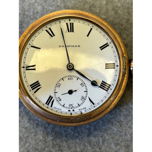 13 - AN ANTIQUE FULL HUNTER  POCKET WATCH WITH ROSE GOLD PLATED DENNISON CASE, WORKING WHEN LOTTED, NEEDS... 