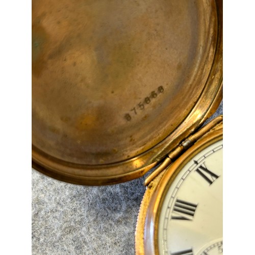 13 - AN ANTIQUE FULL HUNTER  POCKET WATCH WITH ROSE GOLD PLATED DENNISON CASE, WORKING WHEN LOTTED, NEEDS... 