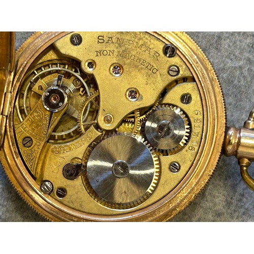 13 - AN ANTIQUE FULL HUNTER  POCKET WATCH WITH ROSE GOLD PLATED DENNISON CASE, WORKING WHEN LOTTED, NEEDS... 