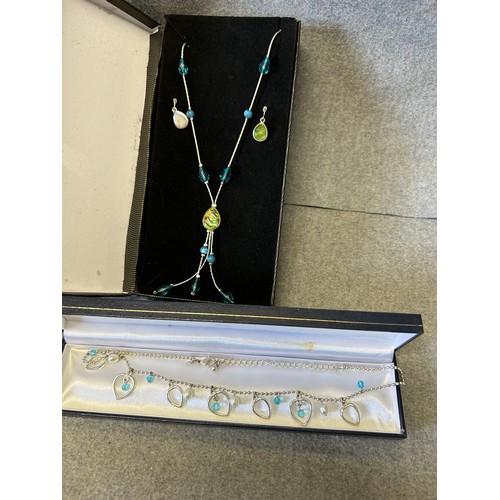 24 - 2 BOXES OF LOVELY NECKLACES FIRST SET WITH EARRINGS SILVER WIRE  BLUE BEADS AND SEA SHELL THE OTHER ... 