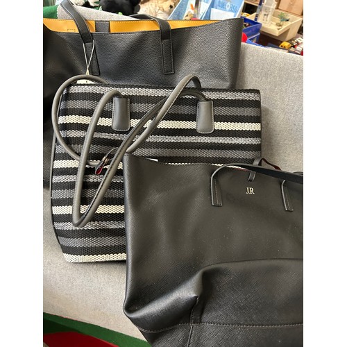 458 - 2 LARGE LADIES HANDBAGS BLACK WITH COLORED INTERIOR PLUS A BLACK & GREY STRIPED BAG AND A   COSMETIC... 