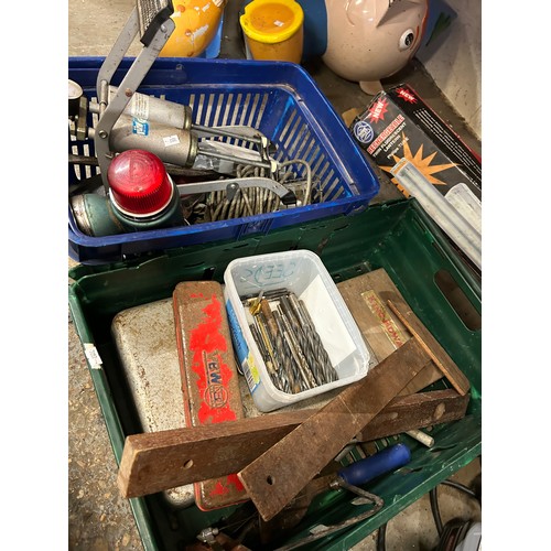 103B - 2 CRATES OF TOOLS TO INCLUDE SPANNERS IN METAL CASE, FOOT PUMP, VINTAGE PIFCO BATTERY LAMP ON STAND,... 