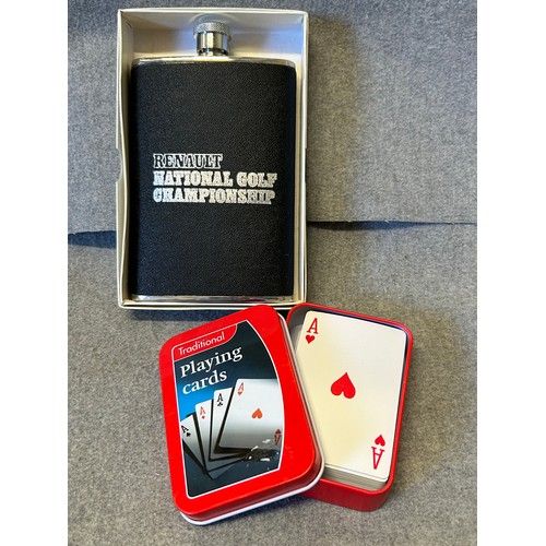 20 - A RENAULT NATIONAL GOLF CHAMPIONSHIP  HIP FLASK AND A TIN PACK OF CARDS WHILE WAITING TO TEE OFF