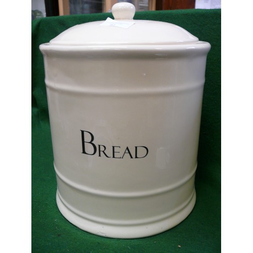 61 - A LARGE CERAMIC BREAD CROCK, BISCUIT BARREL AND KITCHEN THINGS POT WITH CONTENTS OF UTENSILS  (BREAD... 