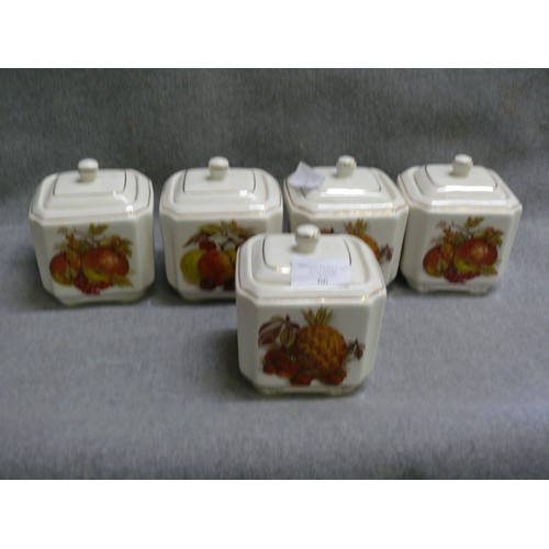 66 - A SET OF 5 CERAMIC FRUIT KITCHEN STORAGE JARS BY SADLER