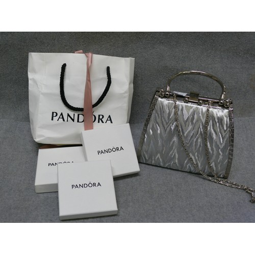 99 - A BAG OF EMPTY PANDORA JEWELLERY BOXES AND A CLUTCH BAG WITH DIAMONTE DETAIL