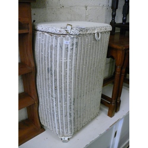 249 - VINTAGE LLOYD LOOM STYLE LAUNDRY BASKET, CREAM PAINTED WITH HINGED LID.