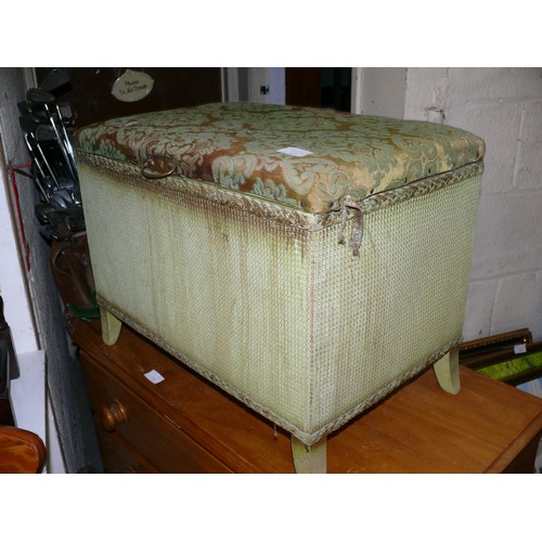 250 - VINTAGE LLOYD LOOM OTTOMON GREEN AND GOLD WITH DAMASK FLOCK UPHOLSTERED LID.