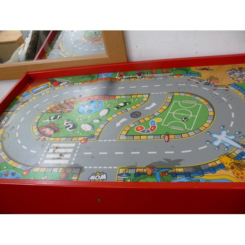 284 - CHILDRENS PLAY TABLE BY 'WOW'. WITH ROAD MAP TOP. BRIGHT RED FRAME.