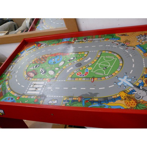 284 - CHILDRENS PLAY TABLE BY 'WOW'. WITH ROAD MAP TOP. BRIGHT RED FRAME.