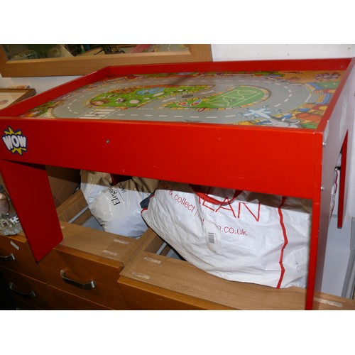 284 - CHILDRENS PLAY TABLE BY 'WOW'. WITH ROAD MAP TOP. BRIGHT RED FRAME.