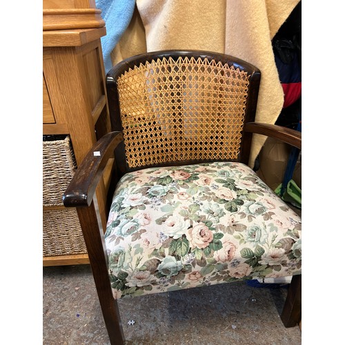 294E - AN ATTRACTIVE 1940'S CANE BACK BEDROOM CHAIR THE SEAT UPHOLSTERED IN SANDERSON LINEN UNION FABRIC