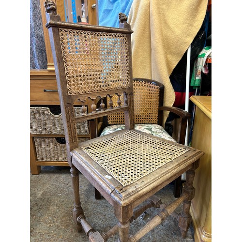 294F - ANTIQUE OAK SIDE CHAIR WITH UNUSUAL CARVED LION HEAD SIDE RAIL FINIALS - CANEWORK SEAT AND BACK