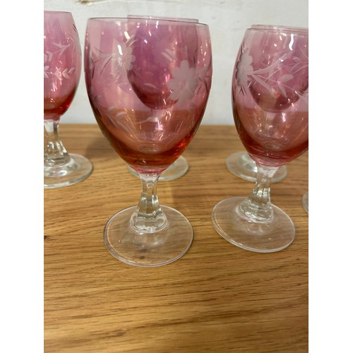 296C - Set of 6 vintage pink & clear etched wine glasses with flower design