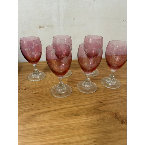 296C - Set of 6 vintage pink & clear etched wine glasses with flower design