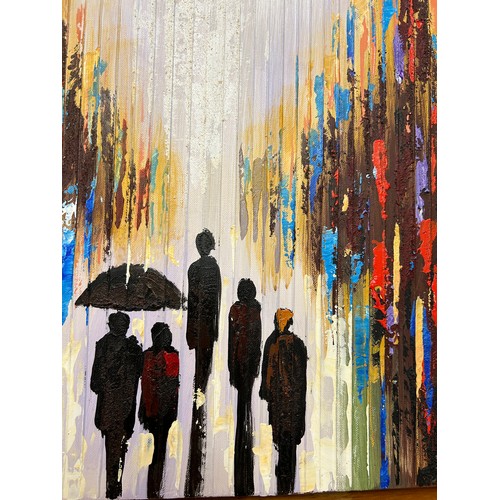 299 - OIL ON CANVAS CONTEMPORARY SQUARE CANVAS WRAP PAINTING. FIGURES WITH BROLLIES IN THE RAIN.