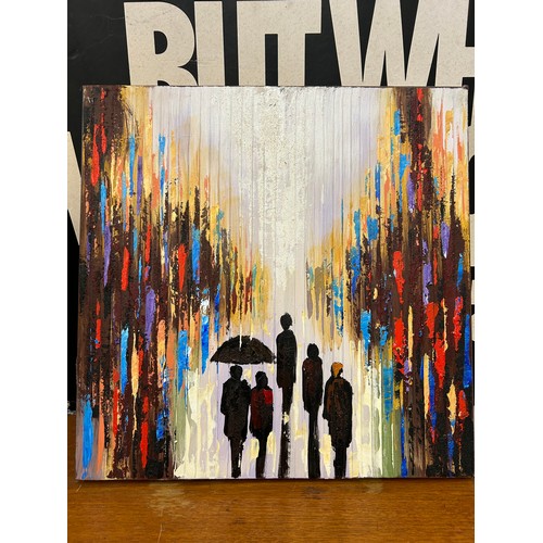 299 - OIL ON CANVAS CONTEMPORARY SQUARE CANVAS WRAP PAINTING. FIGURES WITH BROLLIES IN THE RAIN.