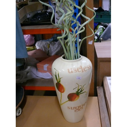 326 - LARGE VASE CONTAINING TALL DECORATIVE GREEN FAUX SPIRAL GRASS.