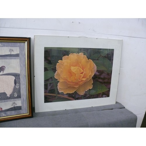 329 - A FRAMED AND GLAZED FARMYARD PRINT PLUS A PHOTO OF A PIER ALSO FRAMED AND GLAZED AND A GLAZED PHOTO ... 